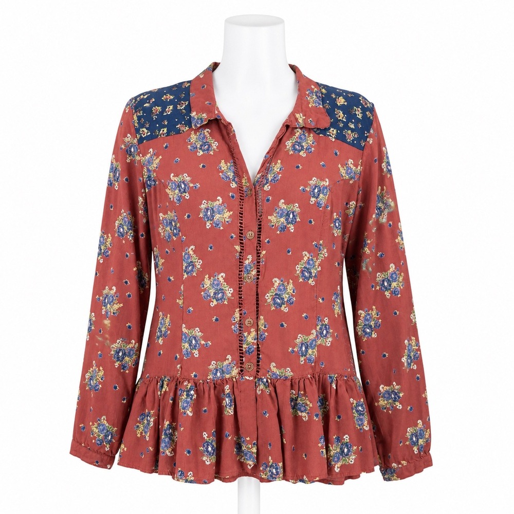 Back In The Saddle Blouse Womens Medium Fig Red Floral Peplum Corset Back‎ Rayon